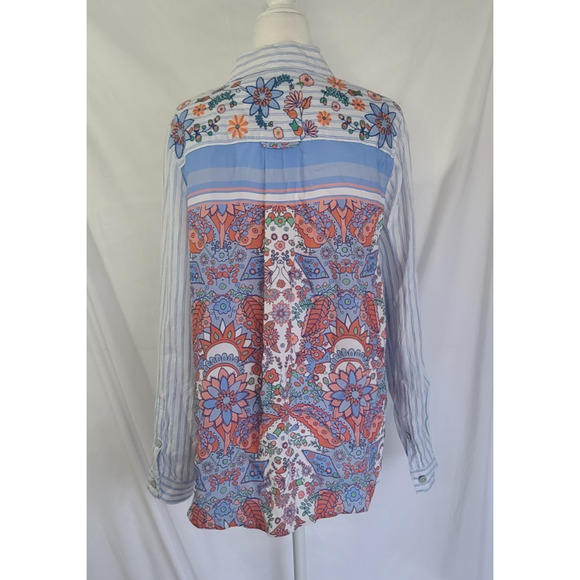 New John Mark White Blue Striped Embroidered Linen Tunic Top Medium - Picture 4 of 5